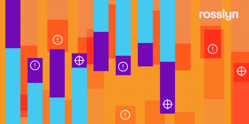 Orange background with blue and purple bars and icons.